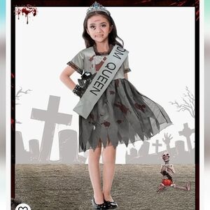 Liitrish Zombie Prom Queen Costume Dress Crown Sash Rose Bracelet Size M 8-10yrs